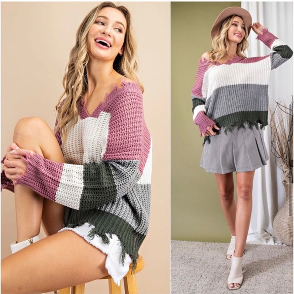 Women’s trendy fall distressed frayed color block must have sweater - Picture 5 of 6